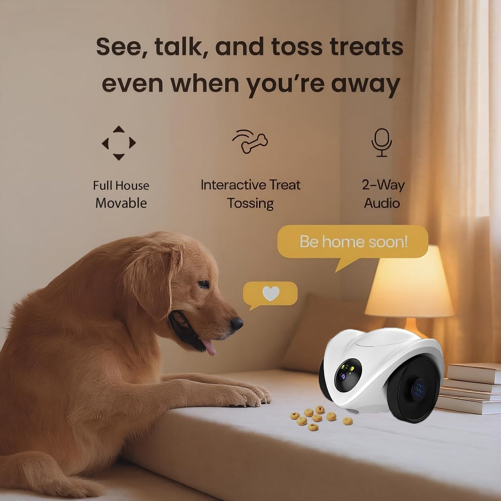Cámara robot para mascotas con dispensación de golosinas de un solo toque, monitor móvil de 360°, audio de 2 vías y seguimiento inteligente, sin tarifas mensuales, cámaras duales