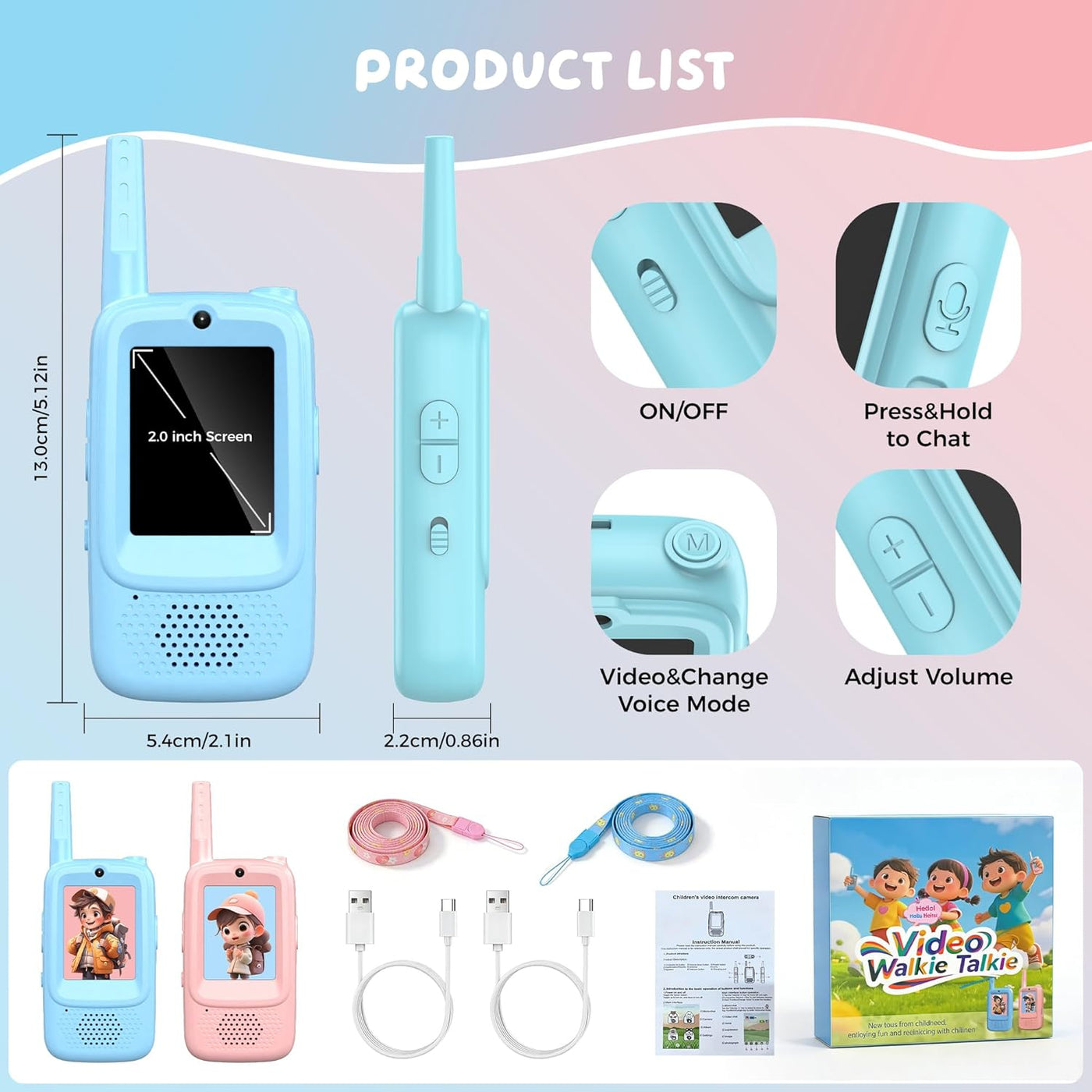 Walkie Talkies de video para niños paquete de 2 walkie