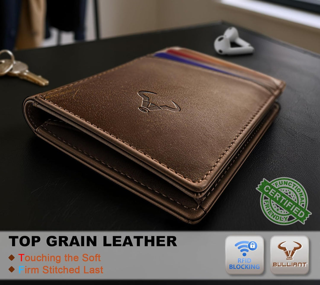 BULLIANT Billetera para hombre, de cuero de grano superior, delgada...