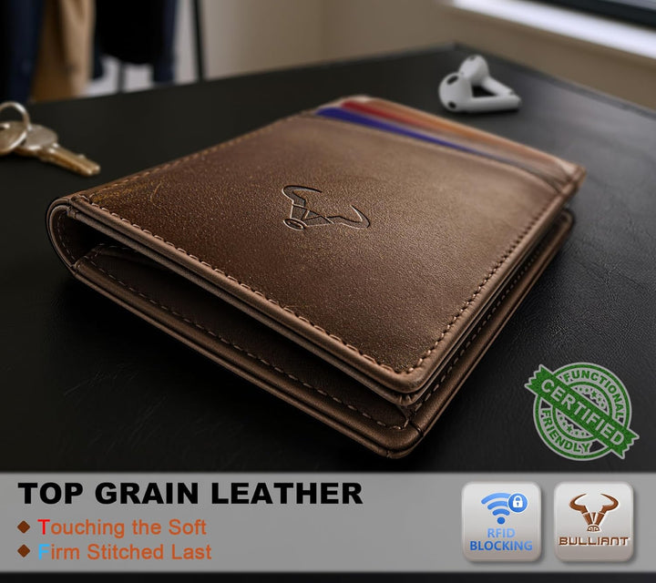 BULLIANT Billetera para hombre, de cuero de grano superior, delgada...