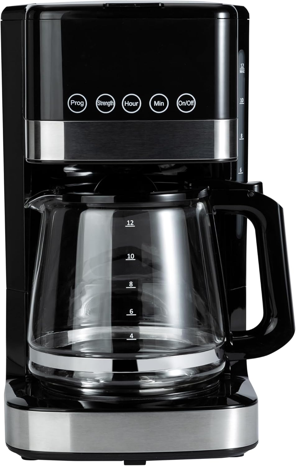 Amazon Basics Cafetera programable de goteo de 12 tazas con cafetera de vidrio (1.9 cuartos de galón), apagado automático, pantalla táctil, pausa automática, cesta de filtro extraíble