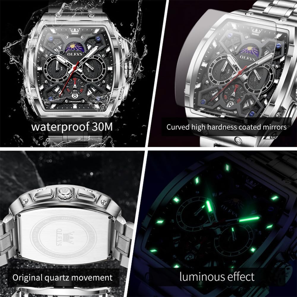 OLEVS Reloj para Hombres Analógico Cuarzo Lujo Diamante Resistente al Agua Cronógrafo Acero Inoxidable Carita Grande Cuadrado Fecha Fase Lunar Romano Relojes de Vestir para Hombres