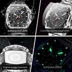 OLEVS Reloj para Hombres Analógico Cuarzo Lujo Diamante Resistente al Agua Cronógrafo Acero Inoxidable Carita Grande Cuadrado Fecha Fase Lunar Romano Relojes de Vestir para Hombres