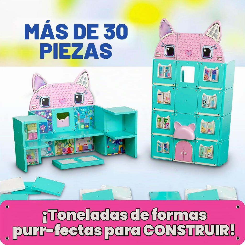 Tile Town Gabby's Dollhouse - Juego de 35 piezas de azulejos magnéticos interactivos, incluye figuras de patas Gabby y Pandy, azulejos de acción