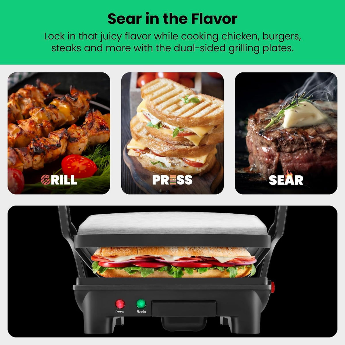 Chefman Parrilla Prensa para Panini y Sandwichera Gourmet con Placas Recubiertas Antiadherentes, se Abre 180 Grados para Adaptarse a Cualquier Tipo o Tamaño de Alimento, Superficie de Acero Inoxidable