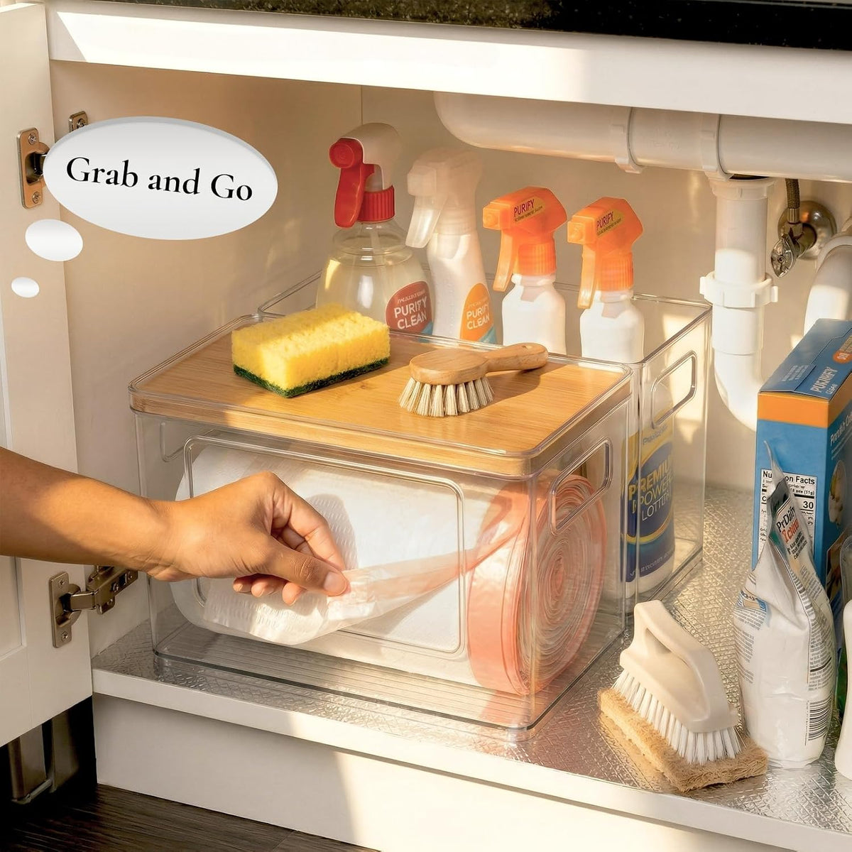 Dispensador de bolsas de basura acrílicas 2 en 1 debajo del fregadero, soporte para bolsas de basura con parte superior de bambú apilable para cocina, despensa, cuarto de servicio