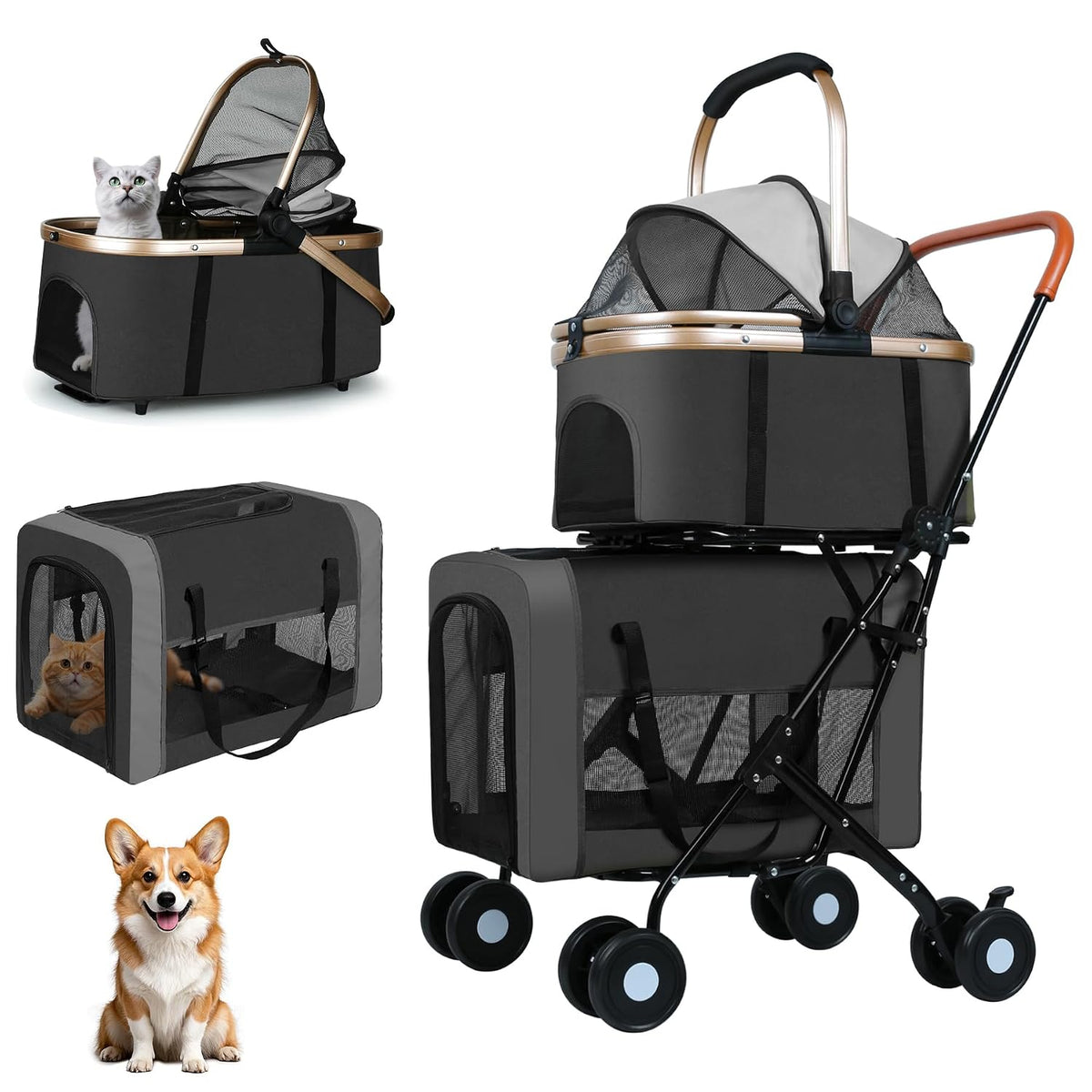Doble carriola para mascotas para perros y gatos: Carriola plegable de viaje con portamascotas desmontables, cinturones de seguridad y 4 ruedas con candado para mascotas pequeñas a medianas – Ideal