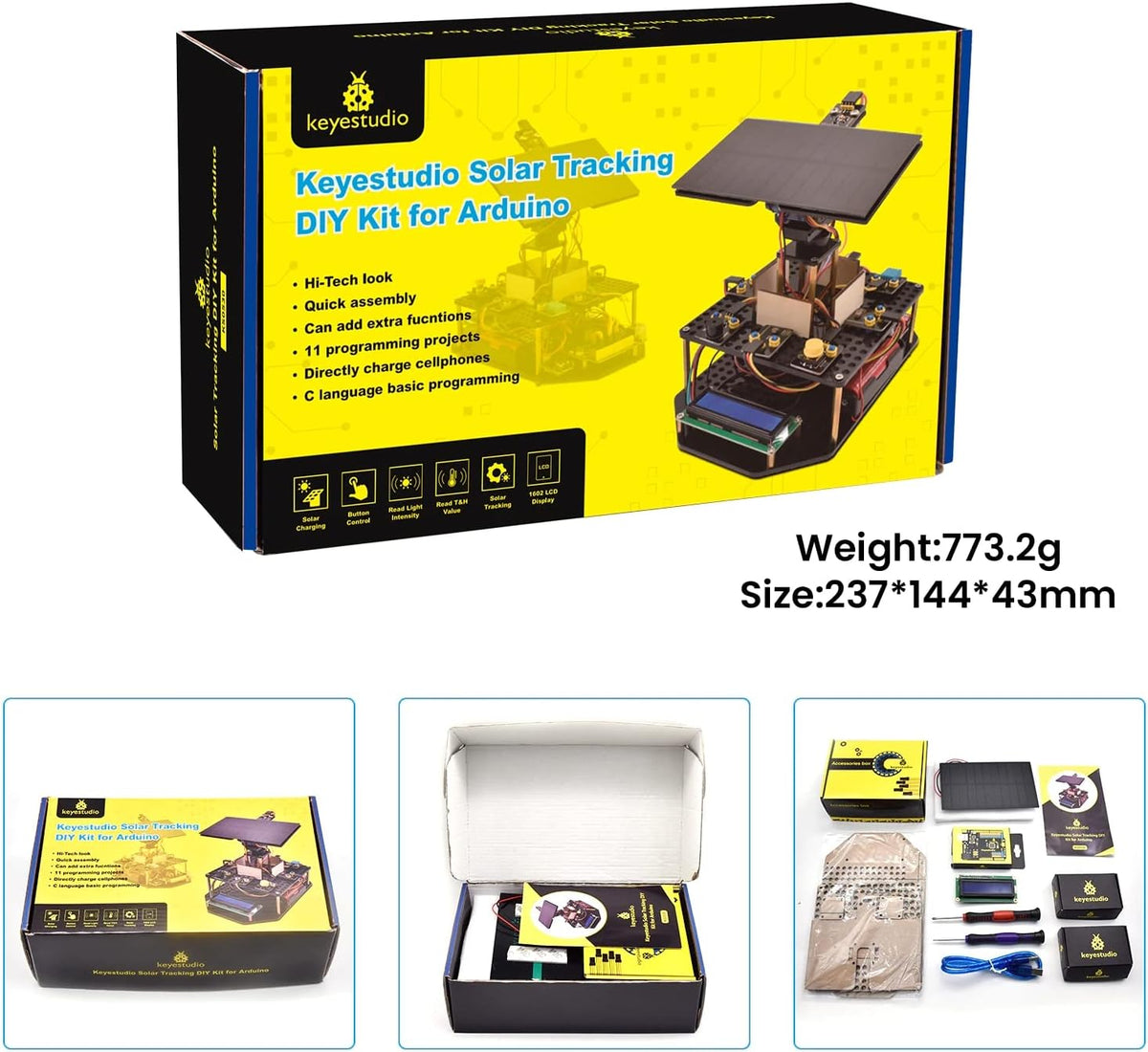 KEYESTUDIO Kit electrónico de seguimiento solar DIY para Arduino, carga de teléfono inteligente, sensor de temperatura y humedad, sensor de luz BH1750, kit de programación educativo para adolescentes