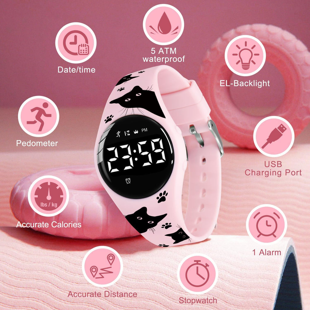 Relojes para niños y niñas, reloj deportivo digital con contador de pasos, podómetro, alarma de vibración, sin aplicación, impermeable, rastreador de fitness, reloj para niños, niñas, adolescentes