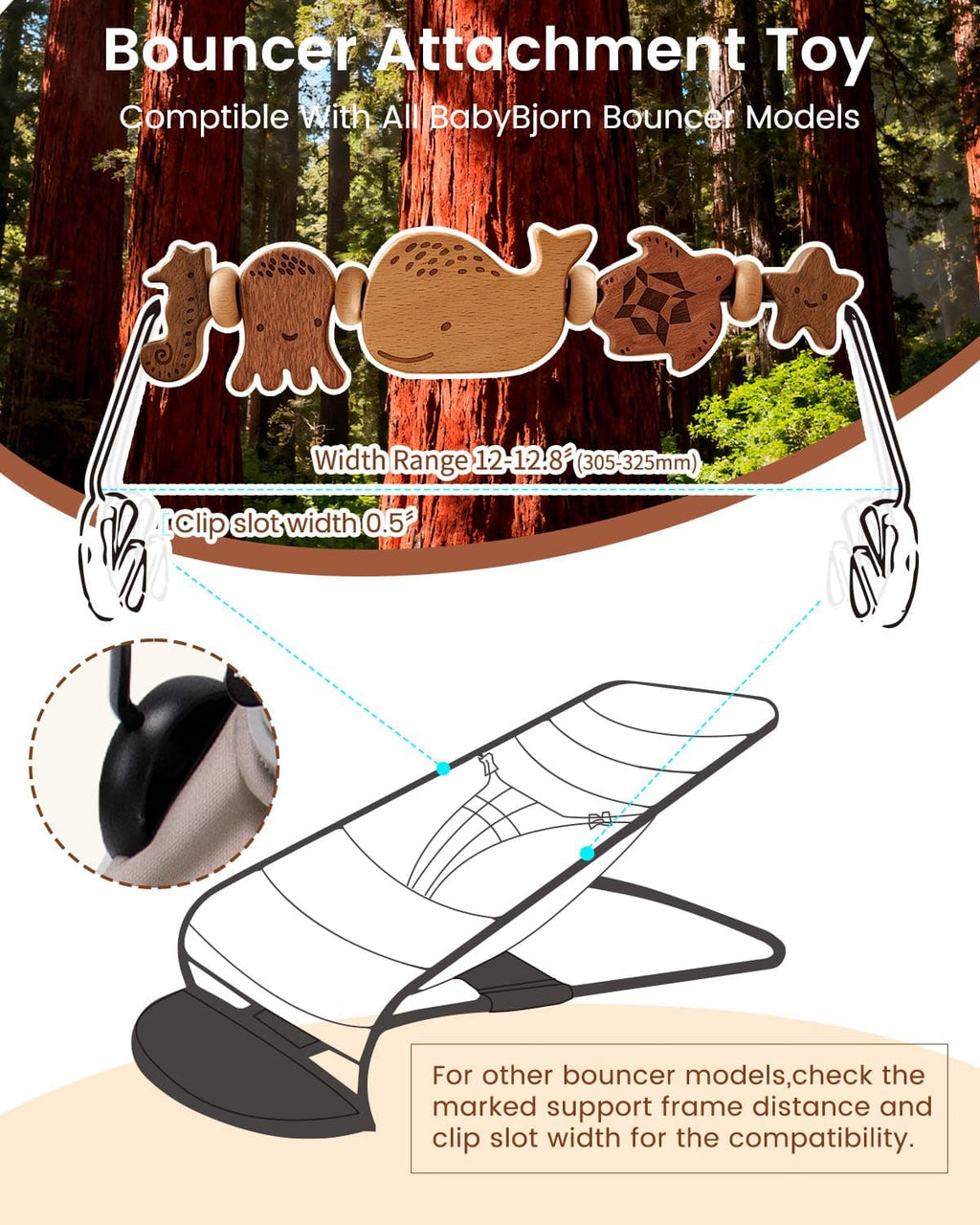 Baby Bouncer Toy Bar de madera con espejo, animales marinos