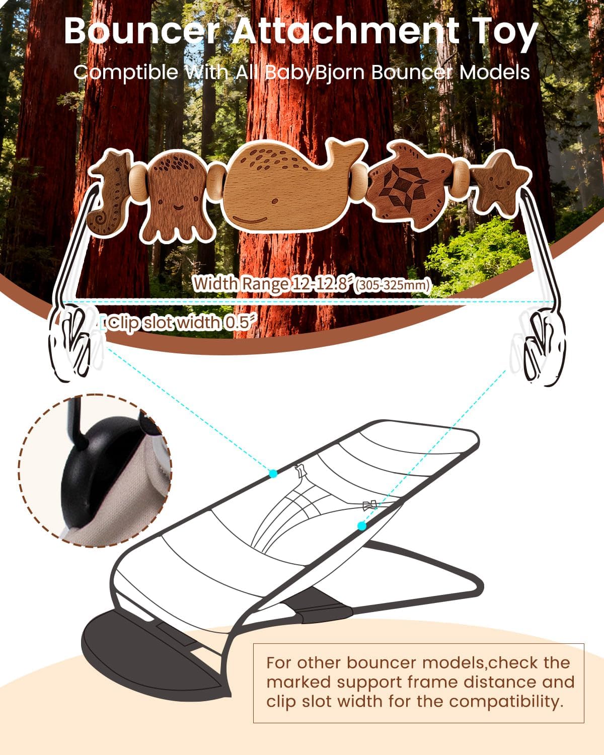 Baby Bouncer Toy Bar de madera con espejo, animales marinos