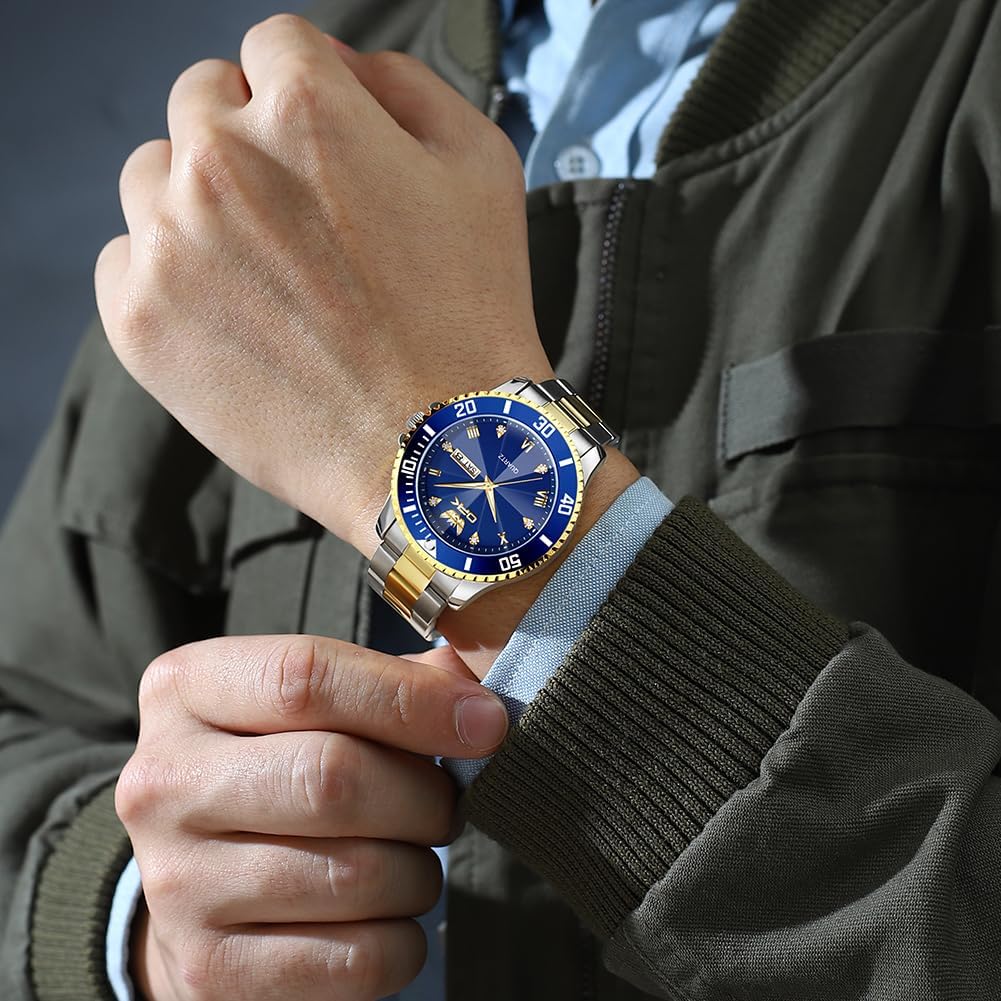 OPK Relojes para hombres de diamantes romanos analógicos relojes impermeables grandes de acero inoxidable para hombre, reloj de pulsera de negocios para padre, reloj de regalo, azul