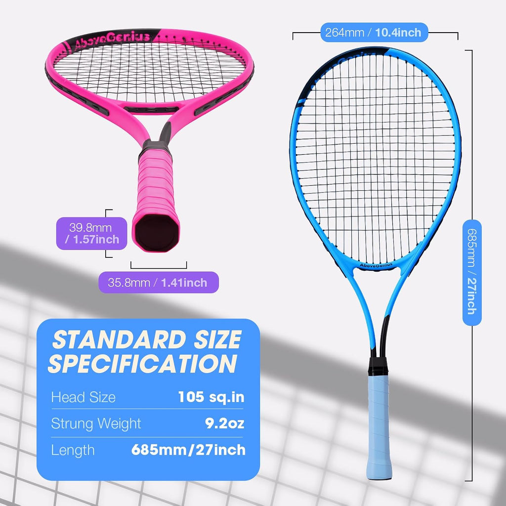 Paquete de 2 raquetas de tenis neón para adultos, juego de raquetas de tenis de aluminio ligeras de 27 pulgadas con 3 pelotas y bolsa, acabado mate vibrante de alta visibilidad para