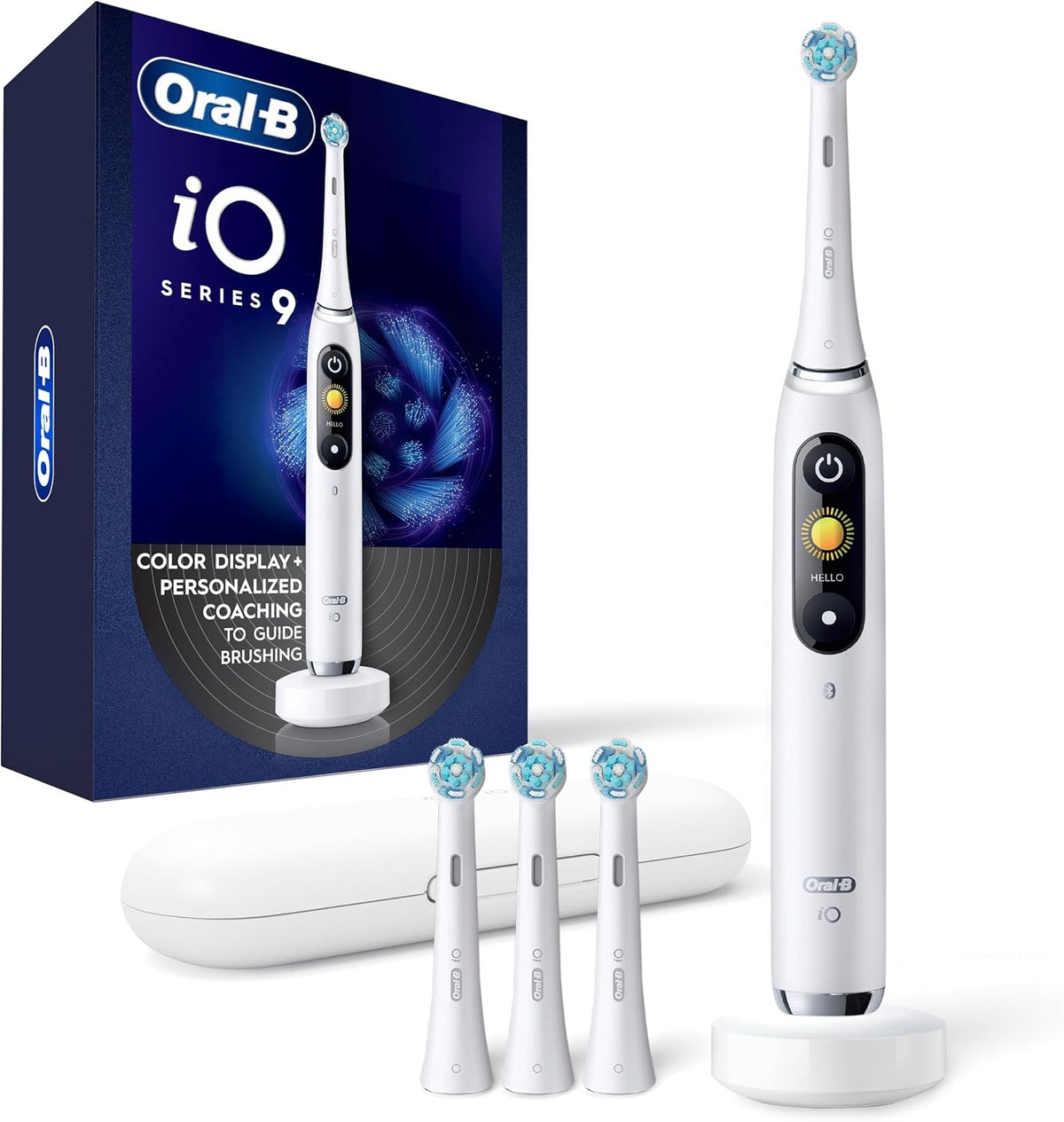 Oral-B Cepillo de dientes eléctrico recargable, iO9 Genius, 7 modos de limpieza, pantalla interactiva, estuche de viaje de carga, sensor de presión visible, 4 cabezales de cepillo, alabastro blanco