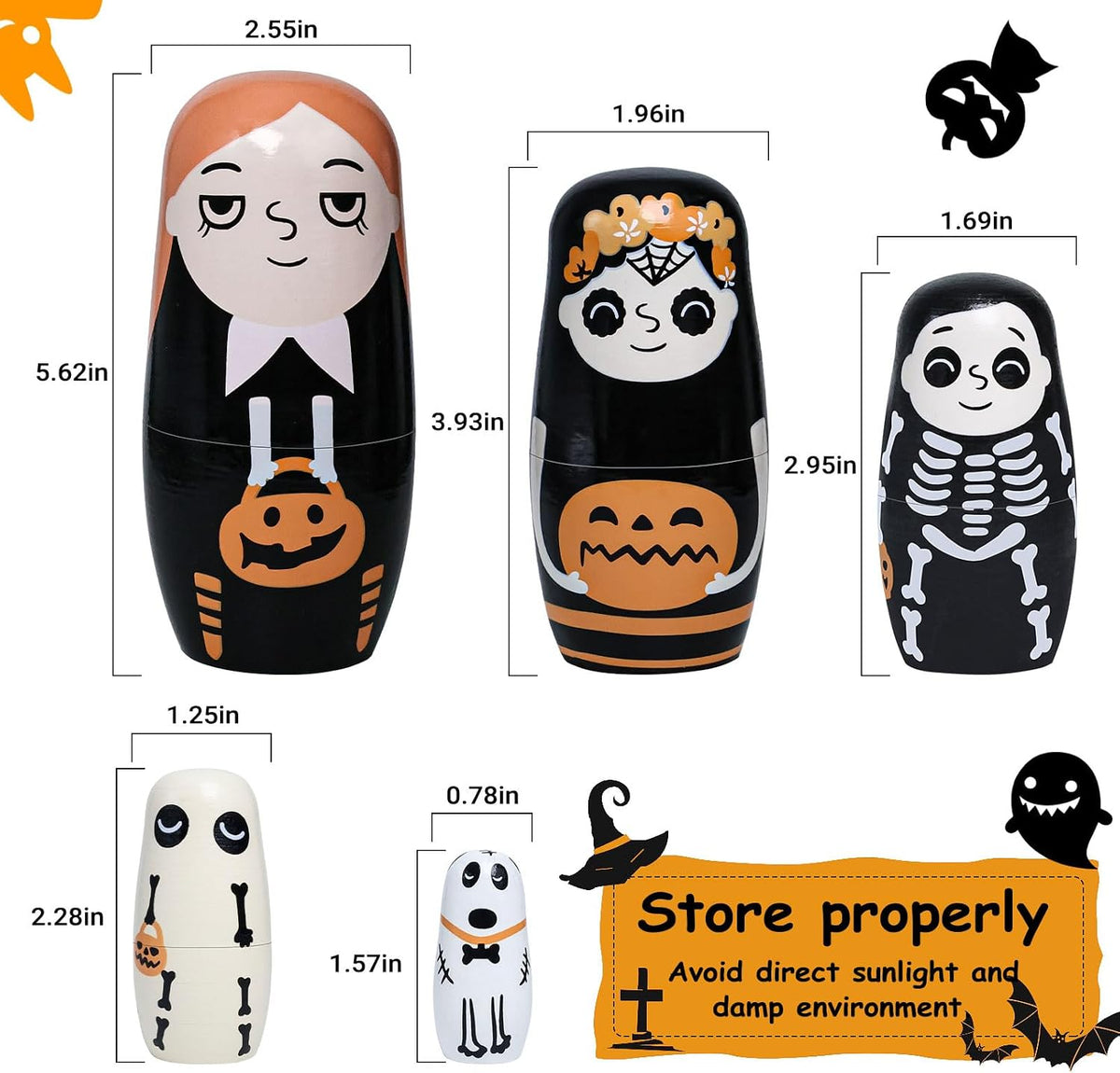 Muñecas anidables de Halloween, 5 muñecas rusas de 6 pulgadas de alto, Matryoshka hechas a mano para niños, juguetes apilables de madera para decoración de fiesta en casa de Halloween (niñas