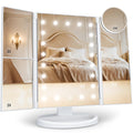 Espejo de tocador con aumento 2X/3X/10X con iluminación, espejo de maquillaje plegable trifold