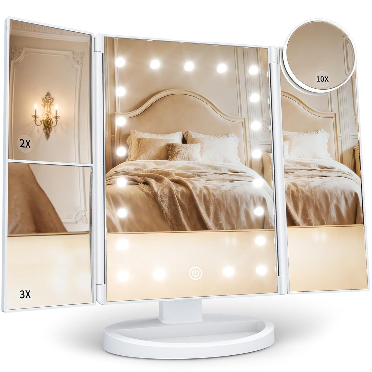 Espejo de tocador con aumento 2X/3X/10X con iluminación, espejo de maquillaje plegable trifold