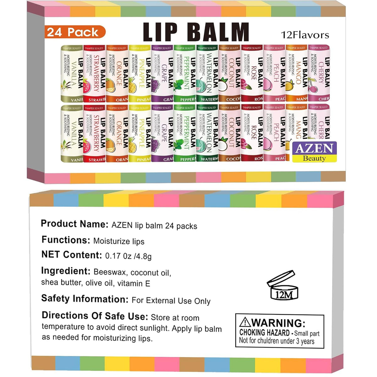 AZEN Paquete de 24 bálsamos labiales, bálsamo labial natural a gran...
