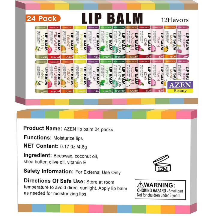 AZEN Paquete de 24 bálsamos labiales, bálsamo labial natural a gran...