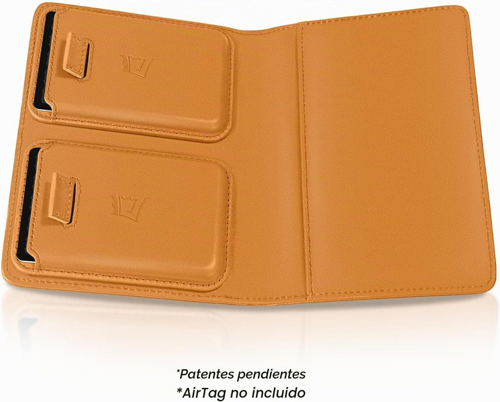 Kings Loot Cartera de pasaporte con soporte para AirTag, coñac