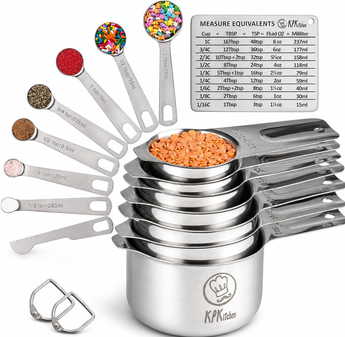 Juego de tazas y cucharas medidoras, 16 piezas, acero inoxidable, nivelador