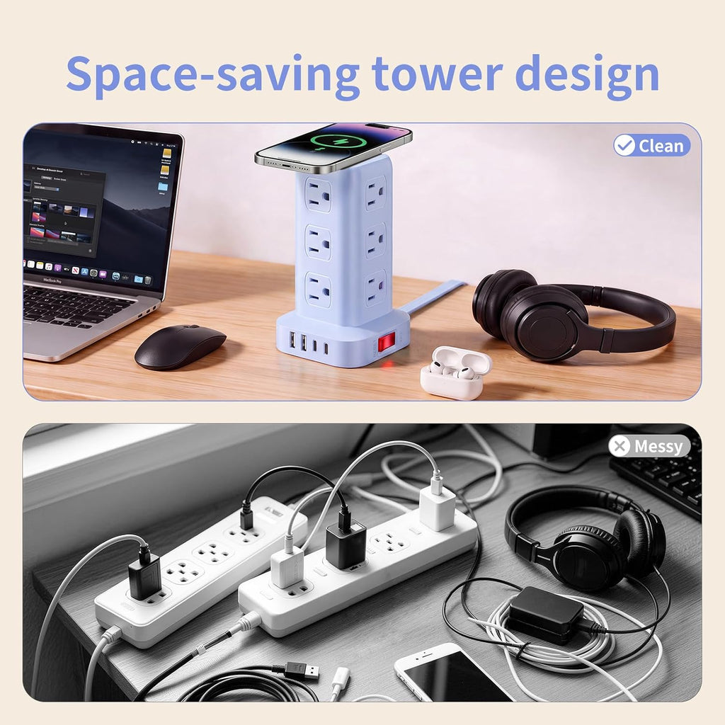 Cable de extensión con múltiples tomas, extensor de salida SMALLRT con 12 salidas de CA, 4 USB, torre de regleta de alimentación de 6.5 pies para suministros de oficina en casa, azul