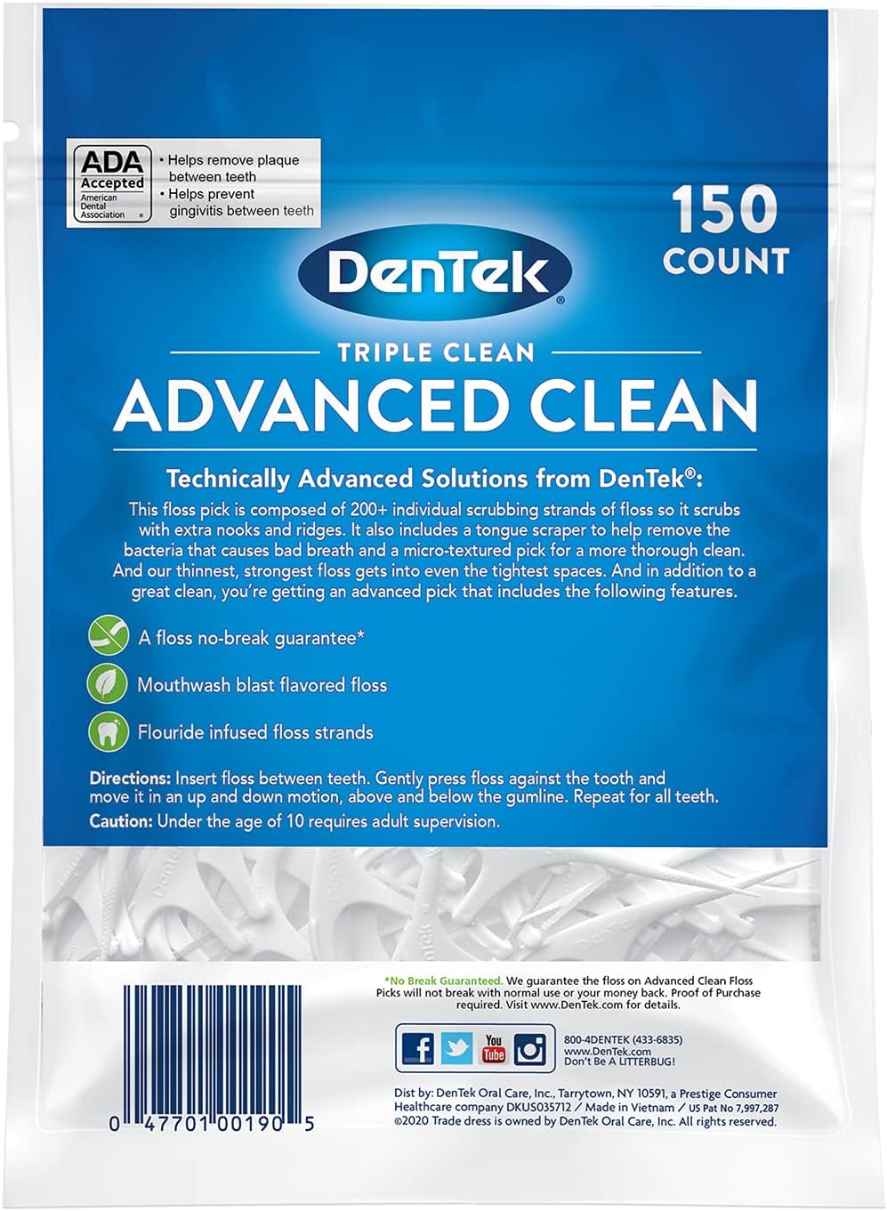 DenTek Triple Clean Advanced Clean - Púas de hilo dental, sin rotur...