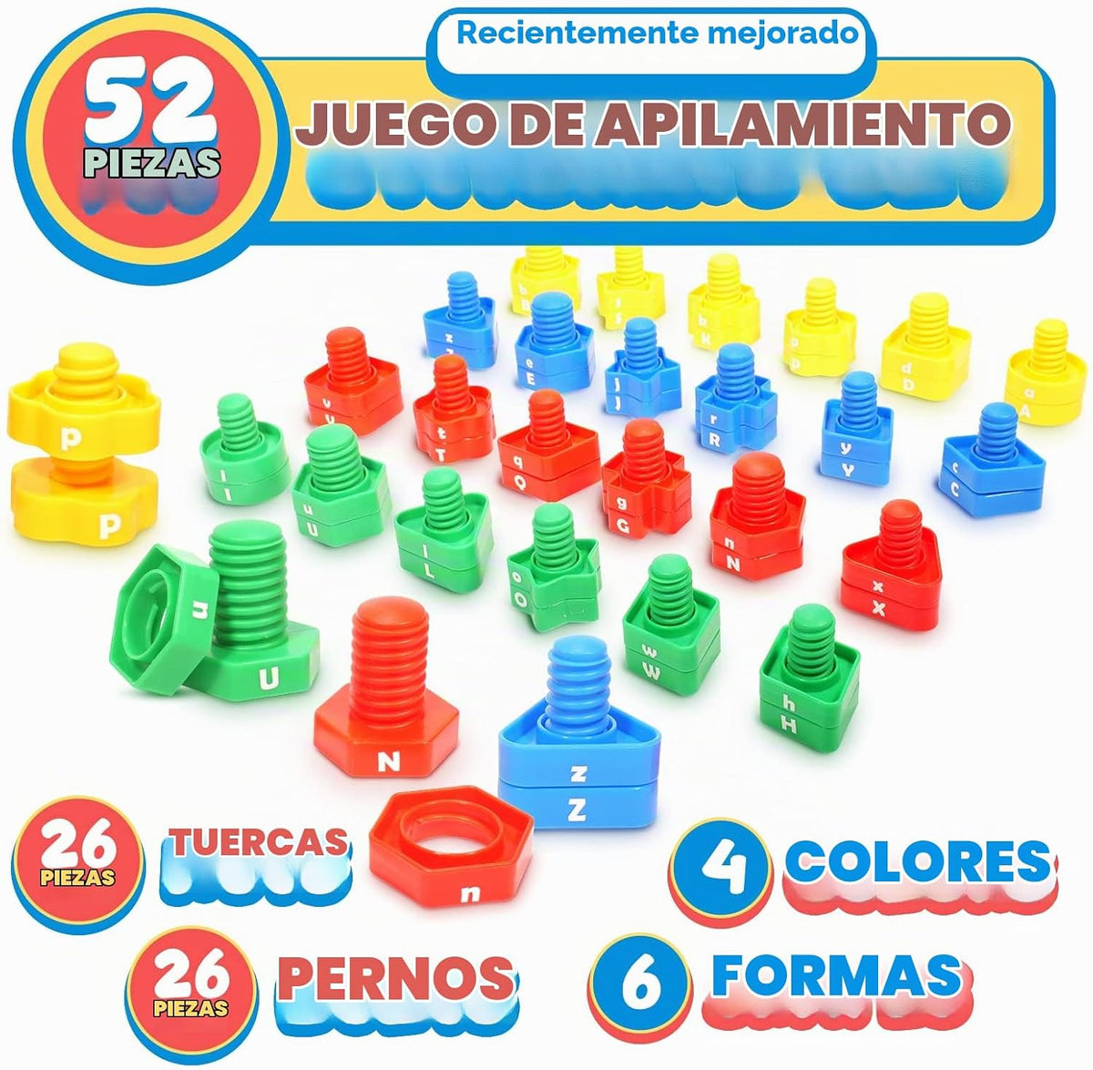 Juego de aprendizaje de letras a juego | Juego de juguetes preescolares para niños | 26 juguetes de aprendizaje del alfabeto con 52 piezas de tuercas y pernos, juguetes de clasificación y apilamiento