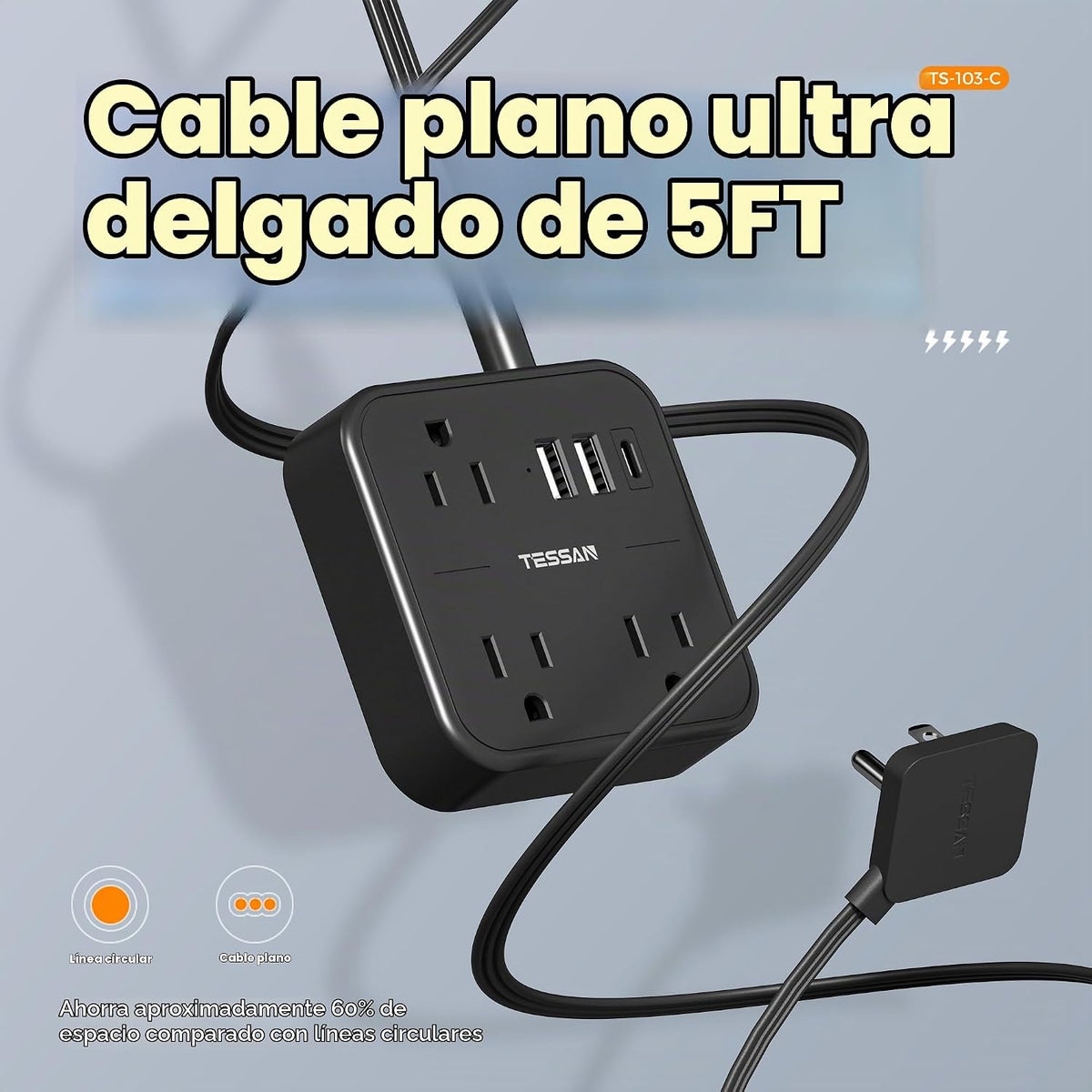 TESSAN Regleta delgada con cable de extensión plano ultrafino de 5 pies