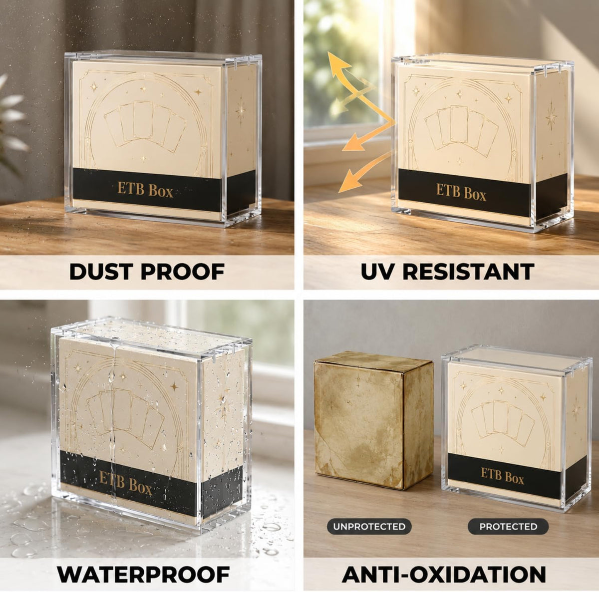 ETB - Paquete de 3 fundas de acrílico protectoras ETB y paquete de 4 fundas de refuerzo, protector de caja de entrenador Elite impermeable, resistente a los arañazos, apilable con acrílico de