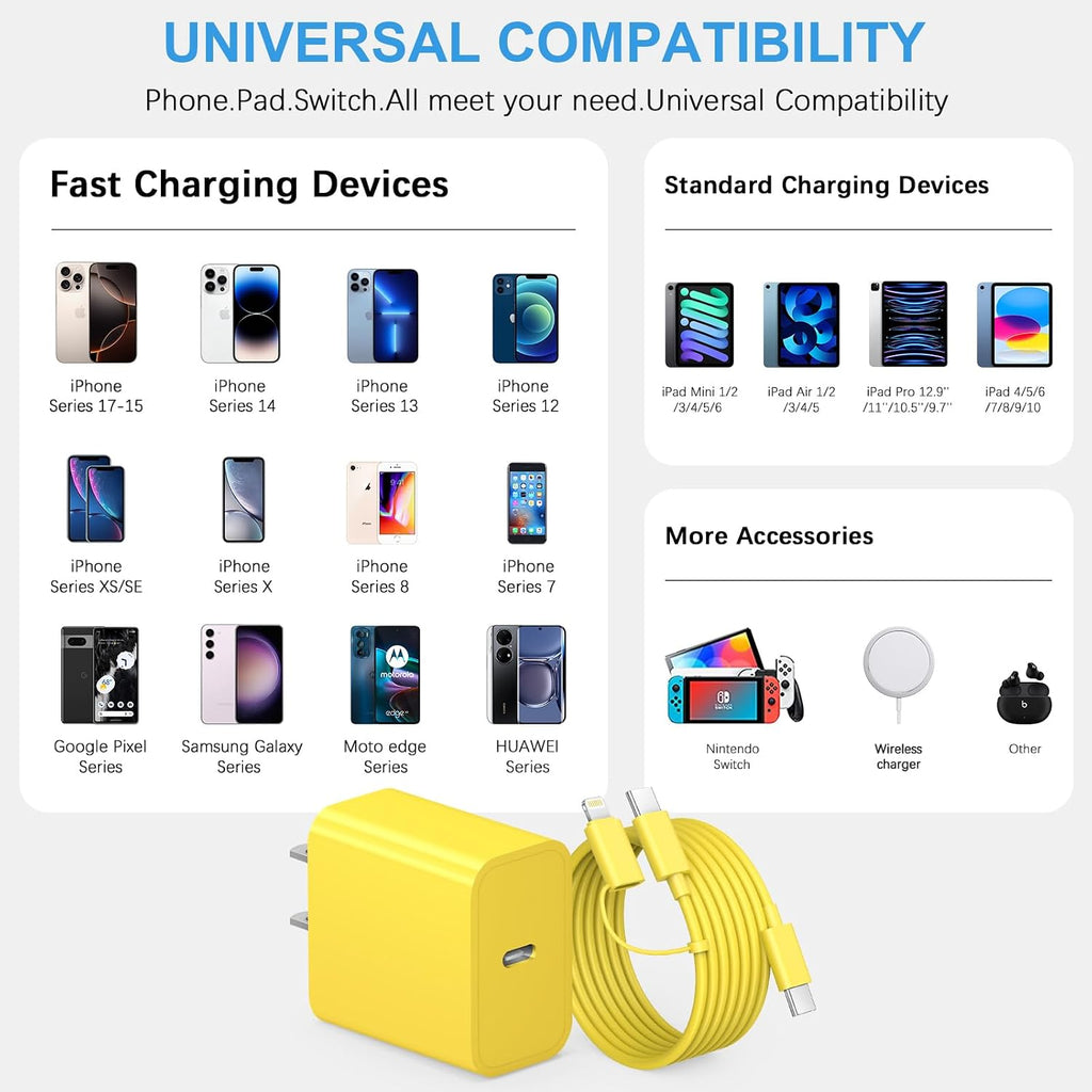 Cargador de carga rápida para iPhone 17, 16, 15, paquete de 3 cargadores USB C, cable Lightning de 6 pies y cable USB C tipo C para iPhone 17/17 Plus/17 Pro Max/Air/16/16 Plus/16 Pro Max/15 Pro/14Pro