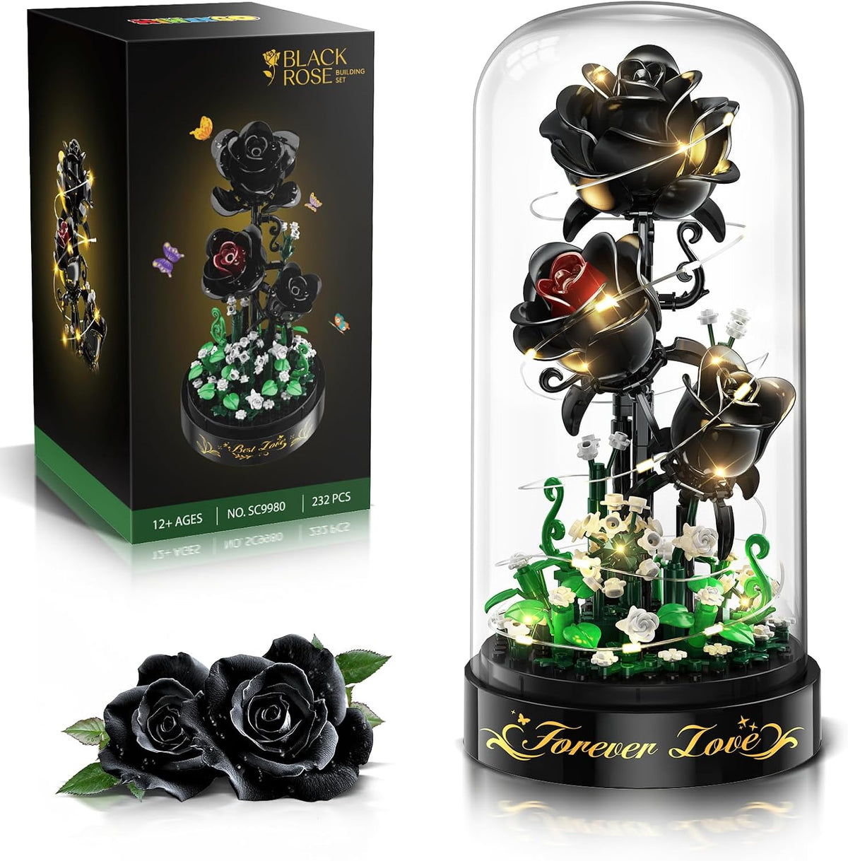 HiWEEGO Juego de construcción de flores con luz LED y cubierta antipolvo
