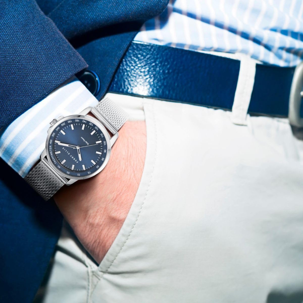 Perry Ellis Reloj para hombre con energía solar | Correa de malla de acero | Relojes de pulsera analógicos resistentes al agua para hombre | Caja de 43mm | Bisel de tacómetro de aluminio | Elegante