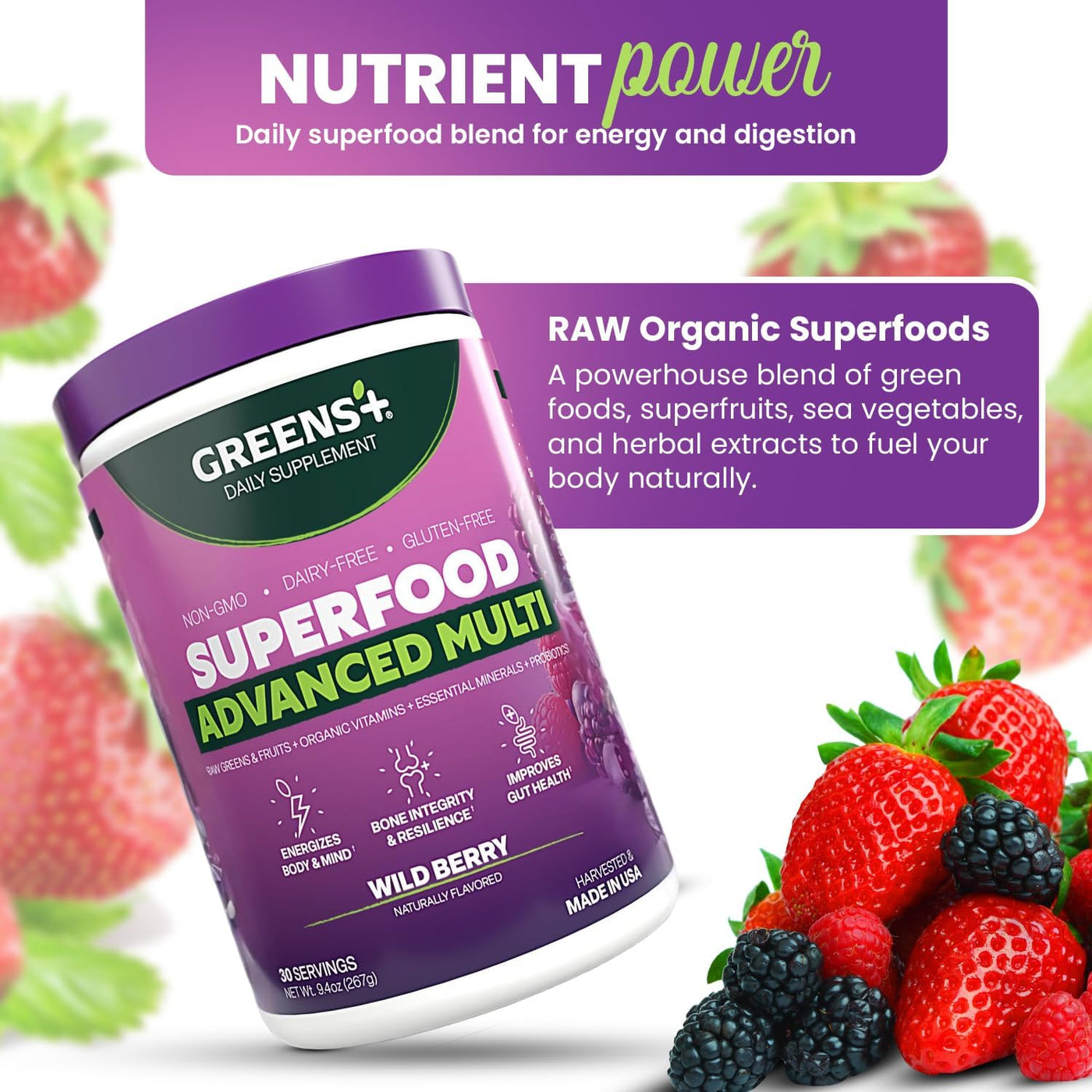 Greens+ Advanced Multi Wild Berry Superfood en polvo, mezcla orgáni...