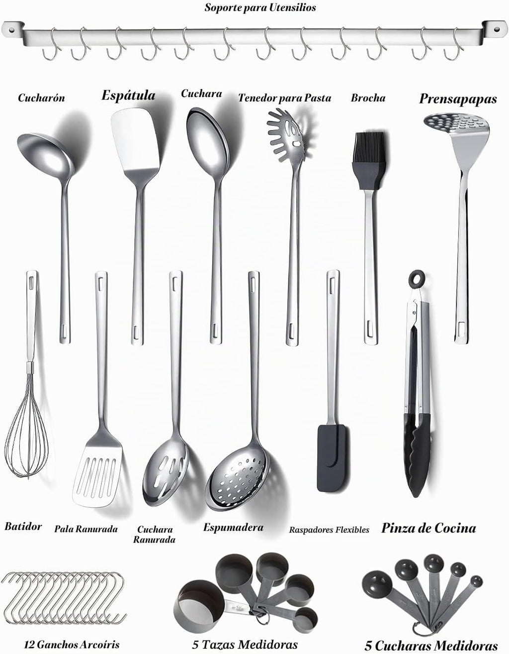 Kyraton - Juego de utensilios de cocina de acero inoxidable con de 37 piezas, juego de herramientas de cocina con soporte de utensilios, antiadherentes y resistentes al calor, aptos para lavavajillas