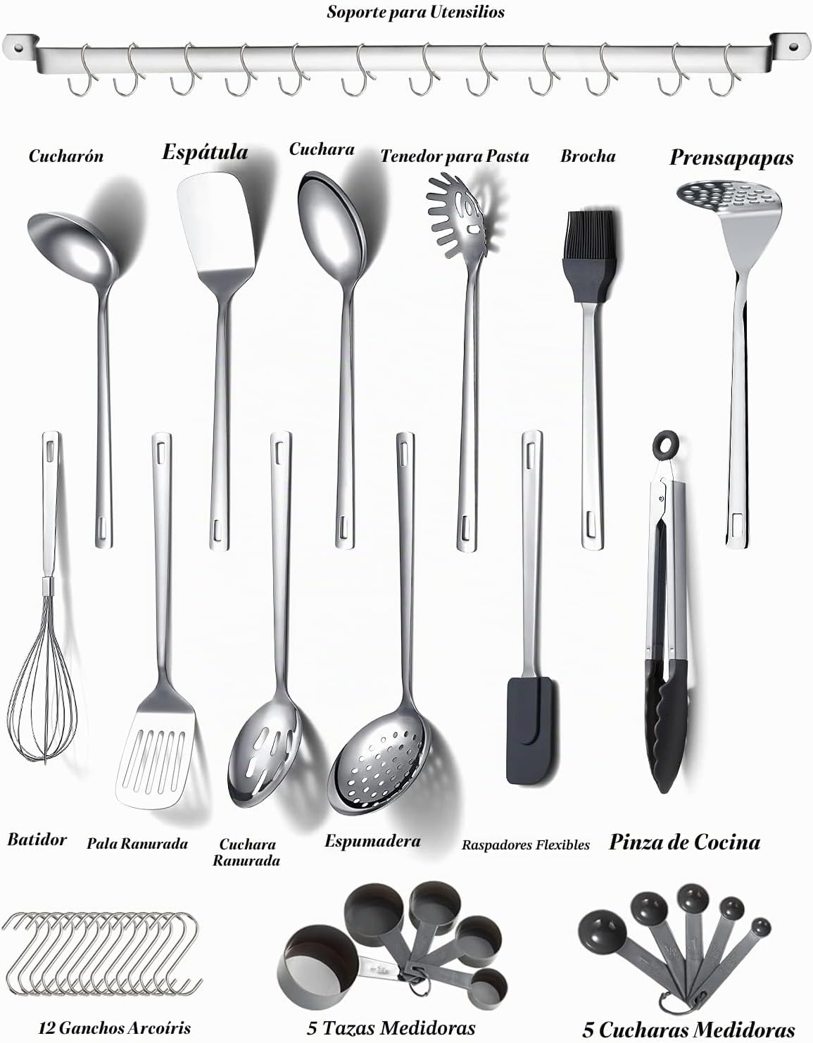 Kyraton - Juego de utensilios de cocina de acero inoxidable con de 37 piezas, juego de herramientas de cocina con soporte de utensilios, antiadherentes y resistentes al calor, aptos para lavavajillas