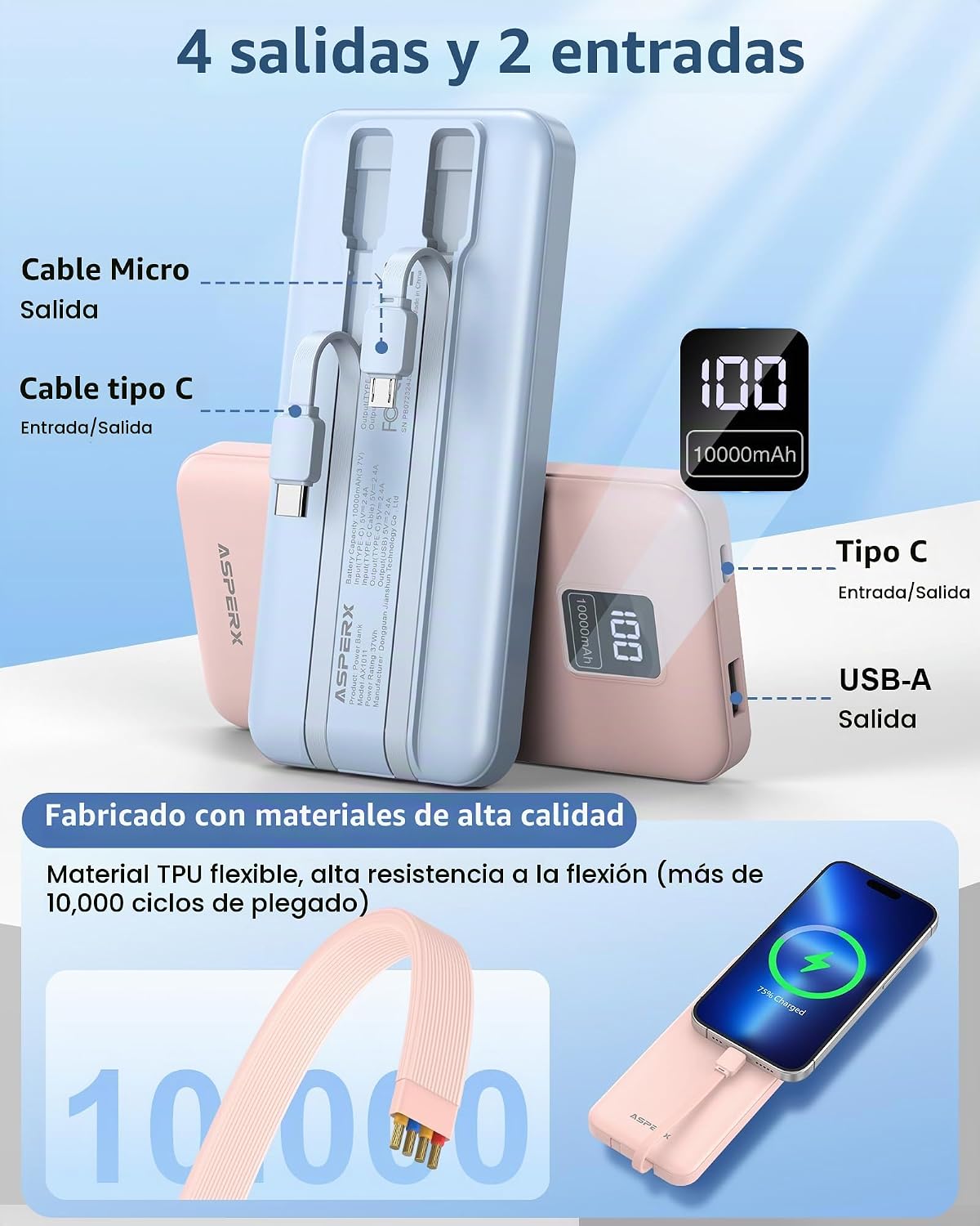 AsperX Paquete de 2 cargadores portátiles de 10000 mAh con cables i...