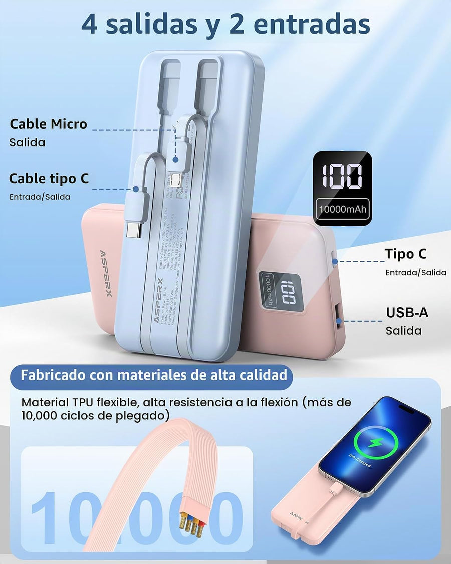 AsperX Paquete de 2 cargadores portátiles de 10000 mAh con cables i...