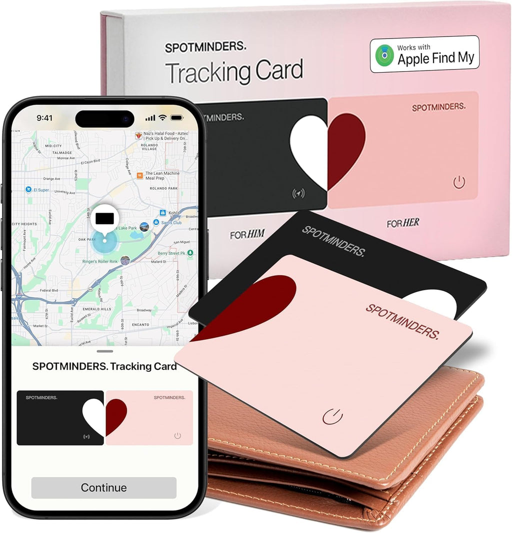 SPOTMINDERS - Paquete de 2 rastreadores de cartera con certificación MFi de Apple, color negro y rosa (solo iOS), paquete de viaje para parejas, 0.07 pulgadas, funciona con Apple Find My recargable, buscador de artículos delgado para equipaje, pasaporte