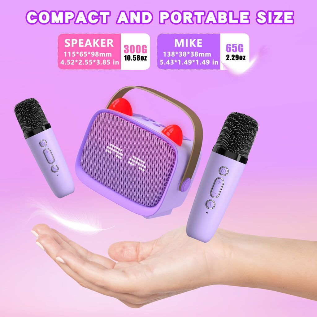 Mgaolo - Máquina de karaoke mini mejorada para niños, altavoz Bluetooth portátil con 2 micrófonos inalámbricos, emoji y luces LED coloridas, regalos para jugar en casa, viajes y fiestas para niños y