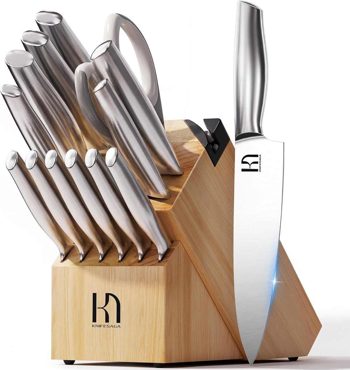 KnifeSaga - Juego de 14 cuchillos con bloque, premium, afilado de afeitar, acero japonés