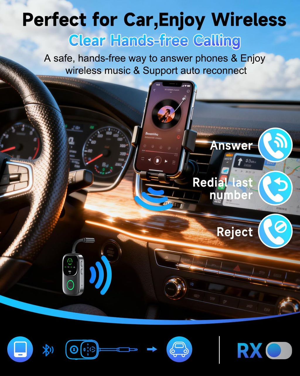 Pantalla LED 2 en 1 Bluetooth 6.0 Transmisor Receptor de 0.138 in Jack AUX RCA Adaptador de audio inalámbrico Dongle para Airpods auriculares, TV, avión, vuelo, altavoz de coche, estéreo en casa