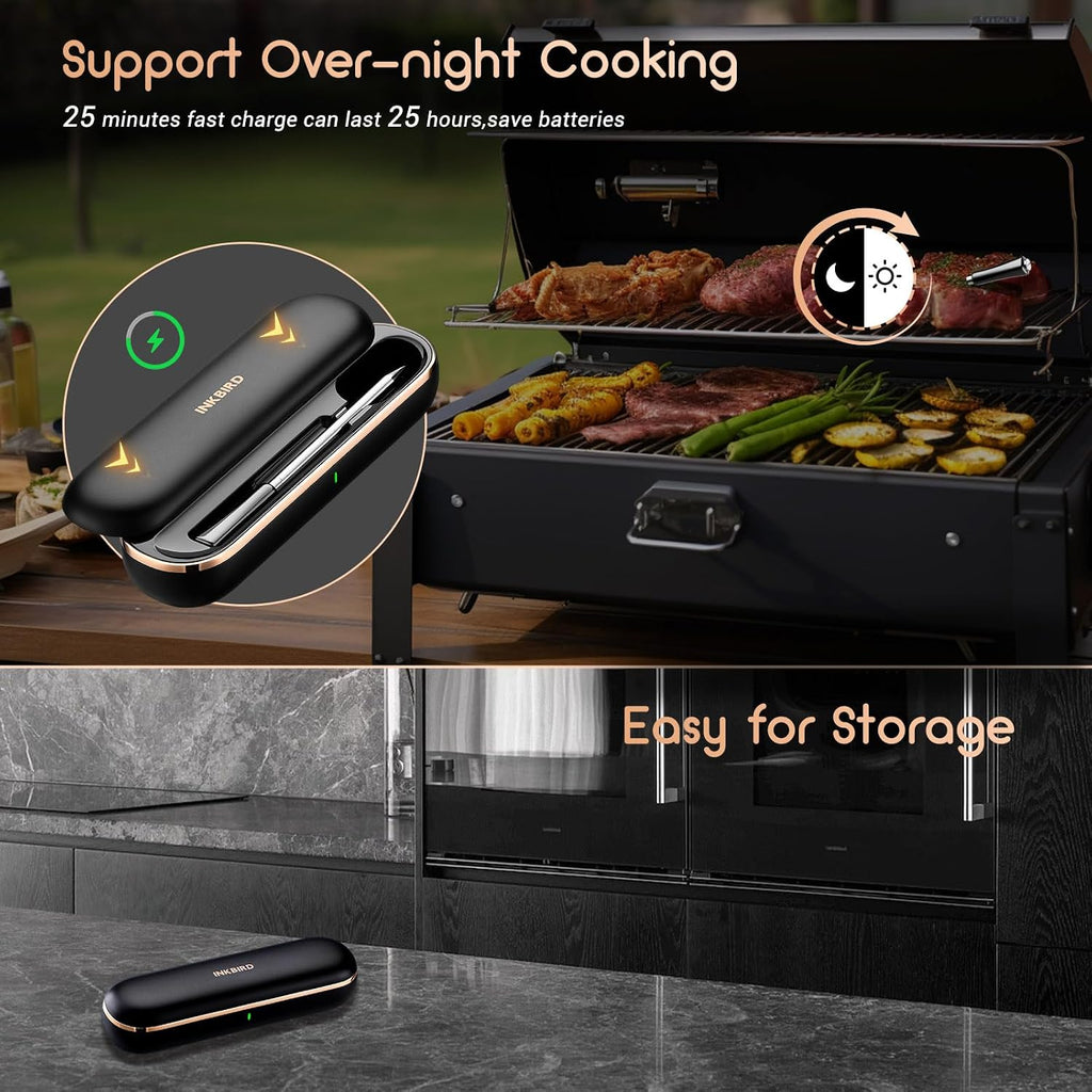INKBIRD Termómetro de carne inalámbrico, termómetro inteligente para carne Bluetooth, IP67 impermeable con caja recargable para parrilla al aire libre, ahumador, barbacoa, asador, aplicación iOS y