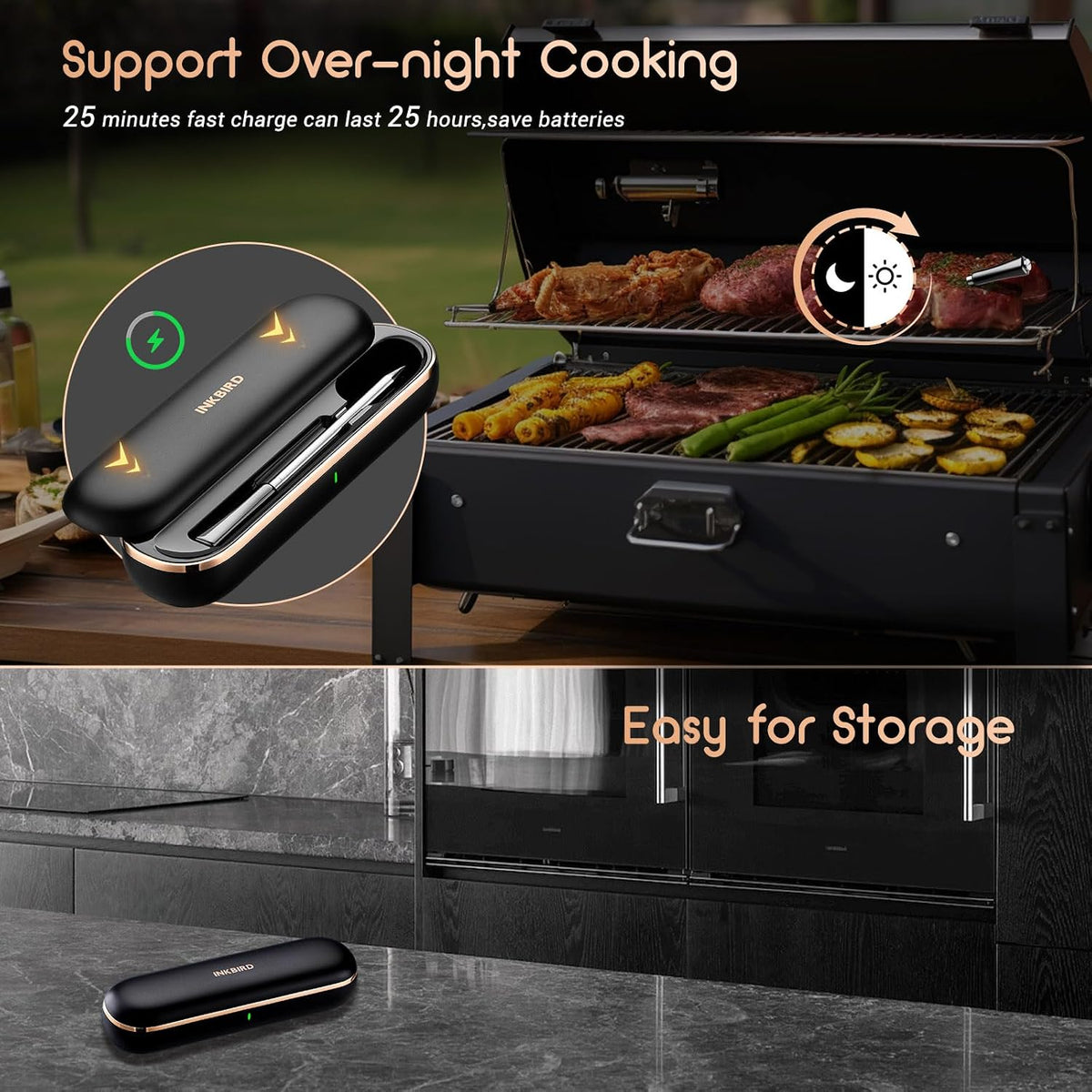 INKBIRD Termómetro de carne inalámbrico, termómetro inteligente para carne Bluetooth, IP67 impermeable con caja recargable para parrilla al aire libre, ahumador, barbacoa, asador, aplicación iOS y