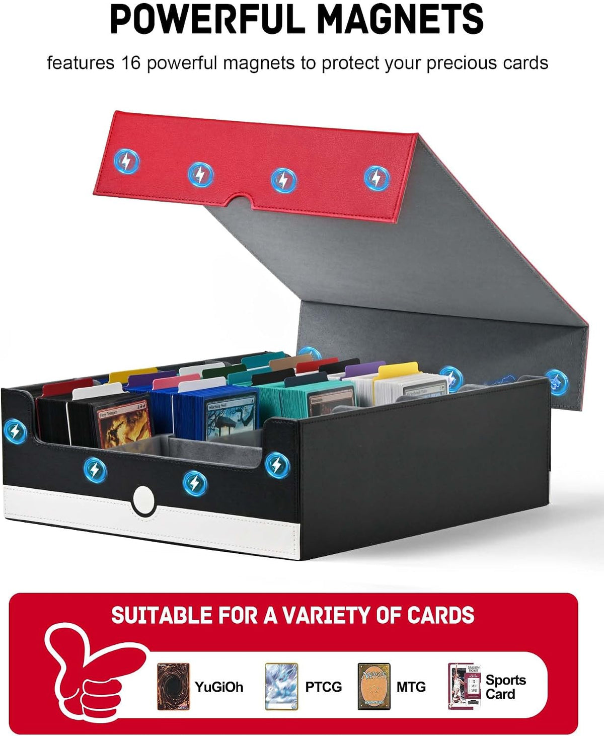 ZLCA Caja de almacenamiento de tarjetas con capacidad para más de 3200 unidades, funda de almacenamiento con 4 tapones, organizador de tarjetas para TCG MTG PTCG (rojo y blanco)