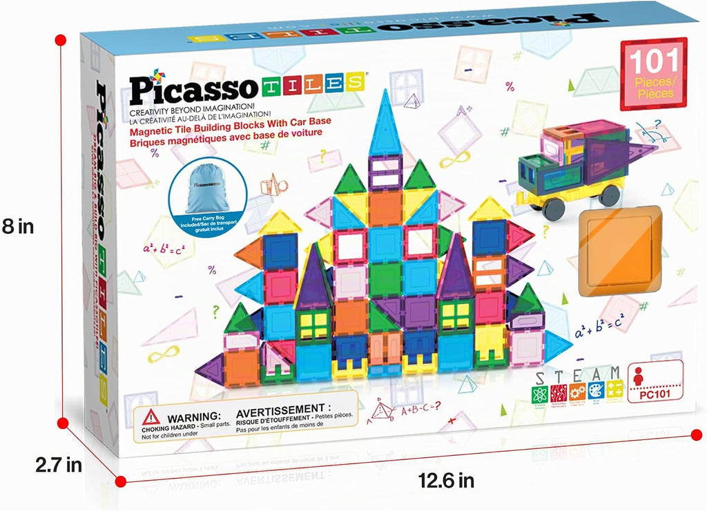 PicassoTiles 101 Piece Magnetic Tiles Building Set con Car & Bag Ages 3+
