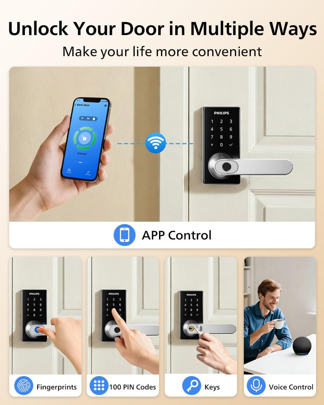 Philips Cerradura de puerta inteligente Wi-Fi con asa, cerradura de...