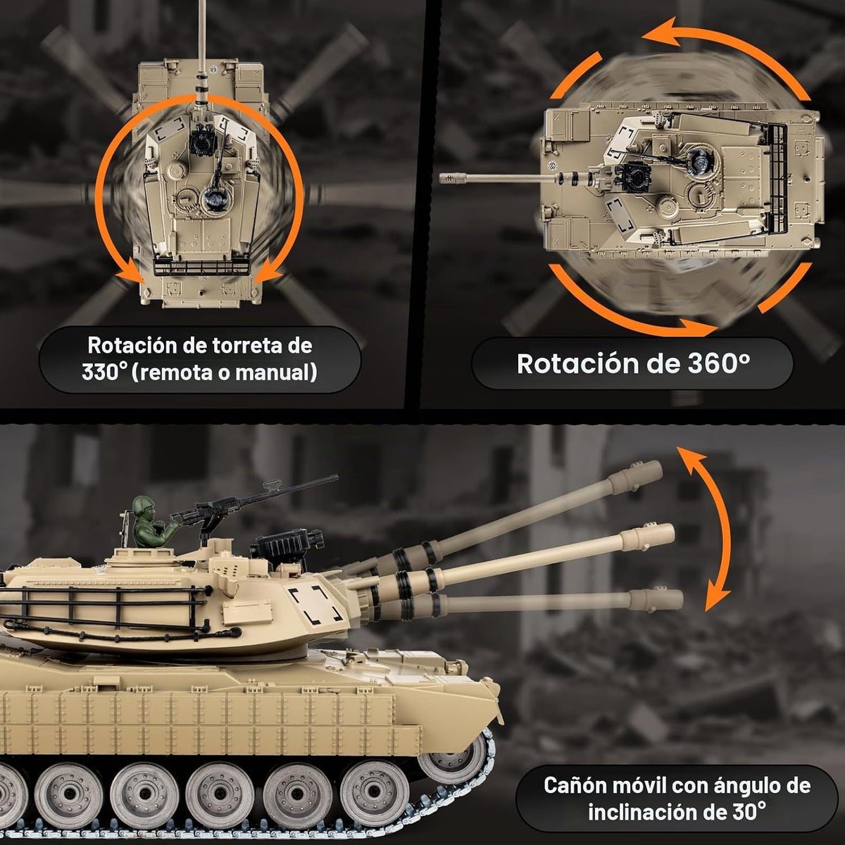 1:18 RC Tank que dispara BBS, 2.4G Metal M1A2 Abrams modelo de tanque de control remoto, juguete militar con humo, luces, sonido y retroceso, vehículo militar RC para más de 8 años