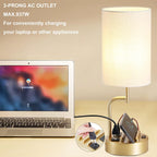 Lámpara Dreamholder - 2 lámparas de mesa con 3 puertos de carga USB, moderna lámpara de escritorio con toma de corriente alterna y soportes para teléfono, para dormitorio, sala de estar y oficina, dorado
