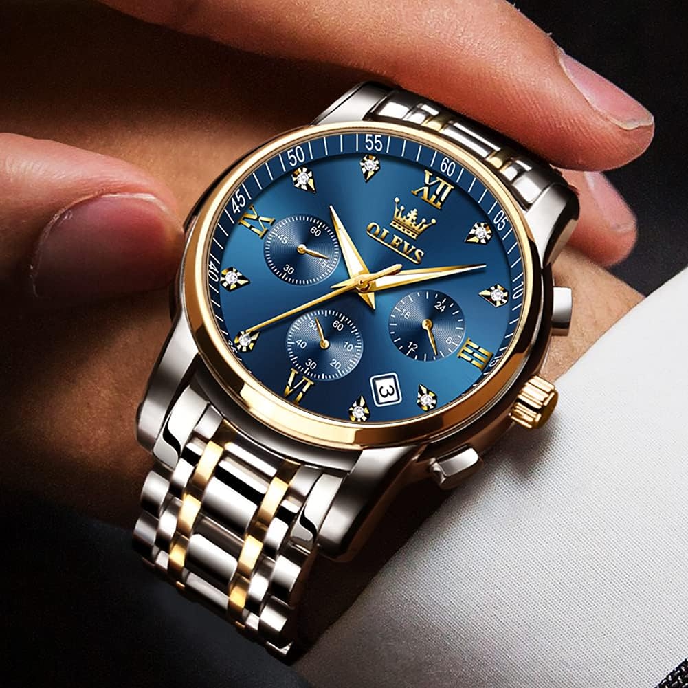 OLEVS Relojes de Oro para Hombres Reloj de Pulsera de Lujo a Prueba de Agua Gran Cara Elegante Acero Inoxidable Analógico Cuarzo Fecha Cronógrafo Luminoso Lectura Fácil Relojes de Negocios Regalos para Hombres Graduación